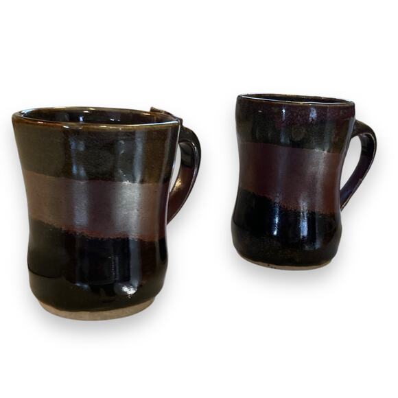 Pair of Unique Handmade Brown Maroon Iridescent Glazed Coffee Tea Mugs Crunchy - Picture 5 of 16